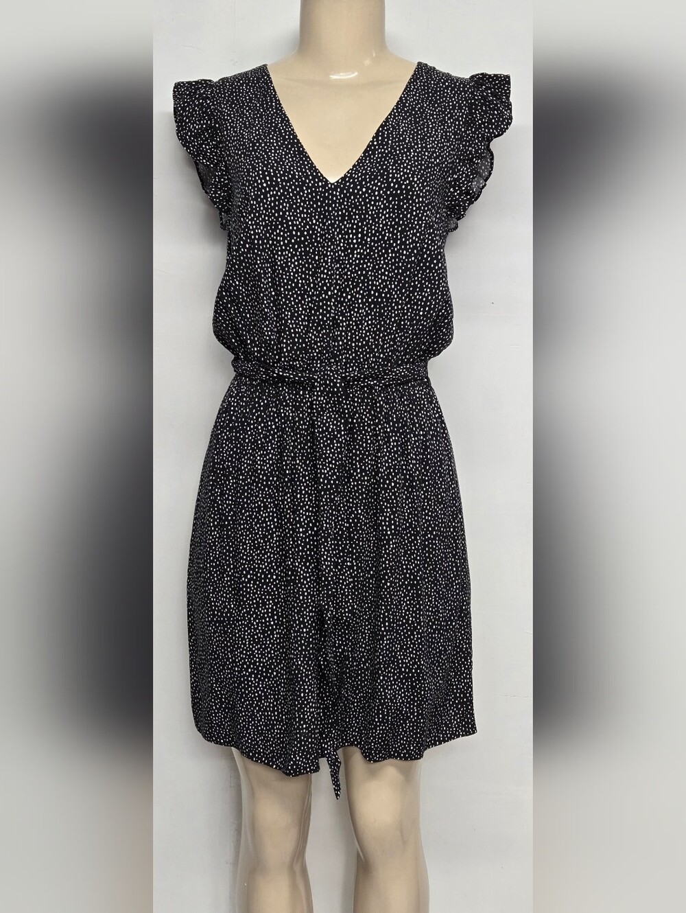 Express XS Dress V Neck Belted Ruffle Polka Dot Rayon Above Knee Black White